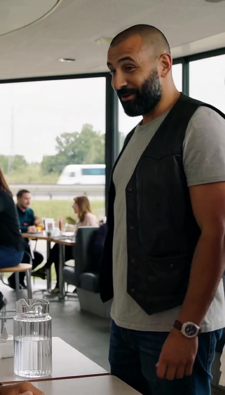 A close-up of Franck smirking in a leather vest beside a highway diner table.