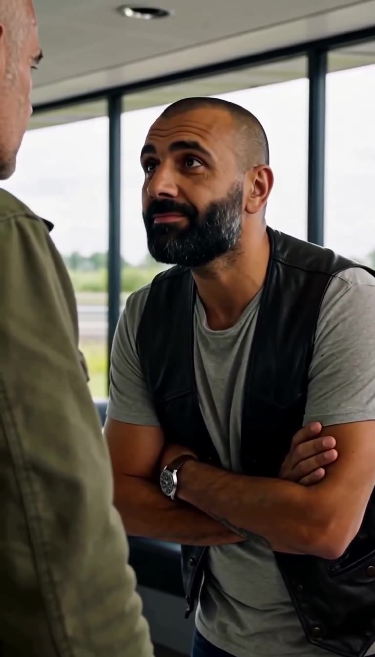 Franck crosses his arms and smirks mockingly at Julien in the roadside restaurant