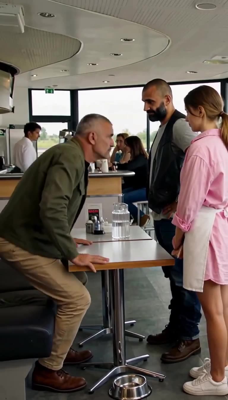 A veteran leans across the booth facing off against an aggressive bearded patron and a waitress