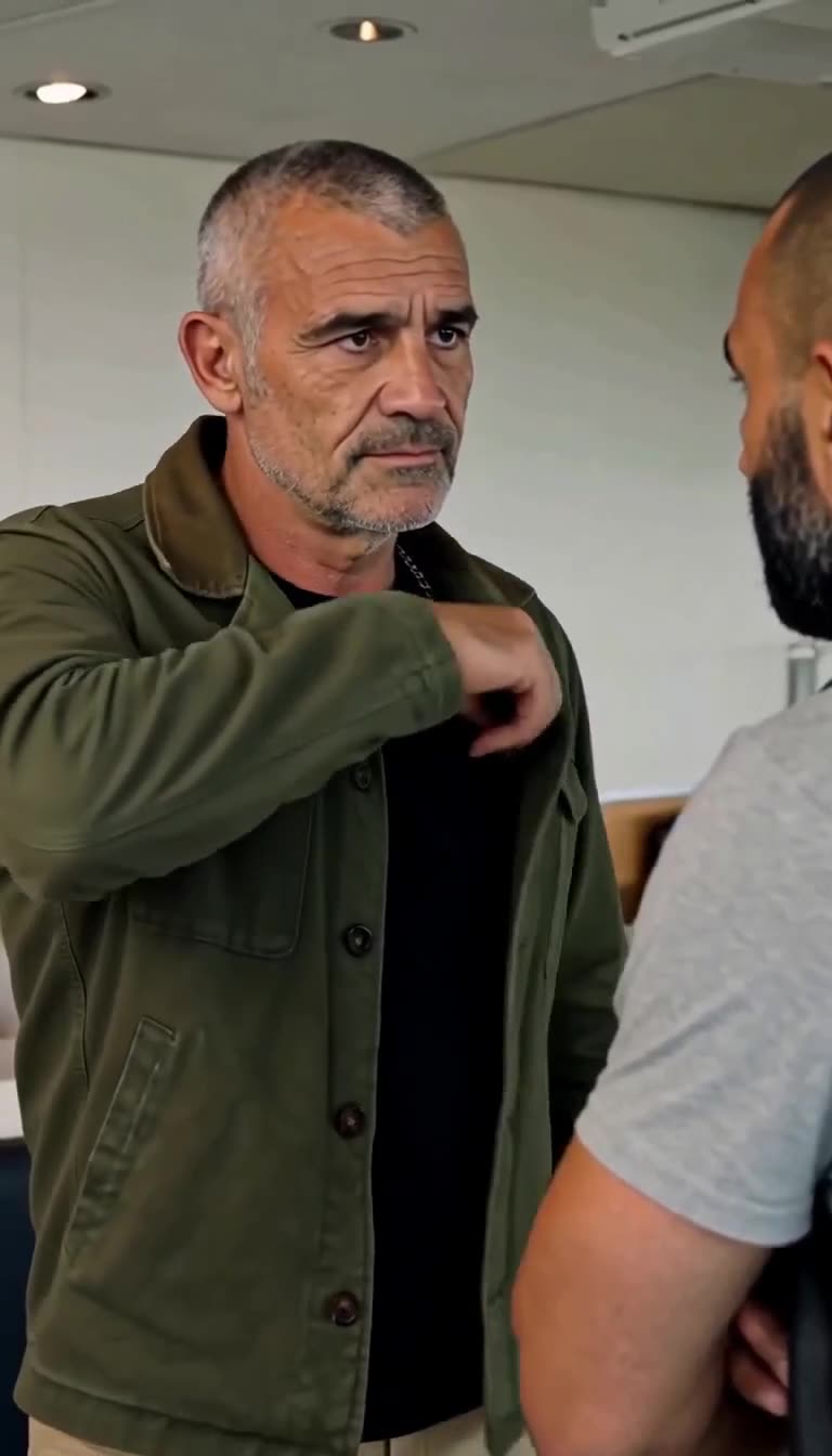 The veteran reaches into his military jacket during a tense standoff
