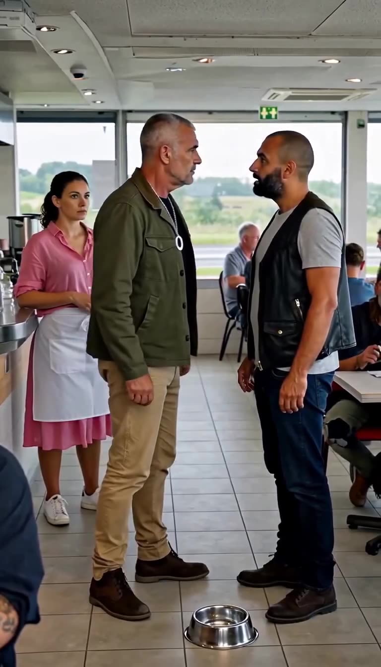 Julien stepping forward to confront Franck while waitress Chloé watches from the counter