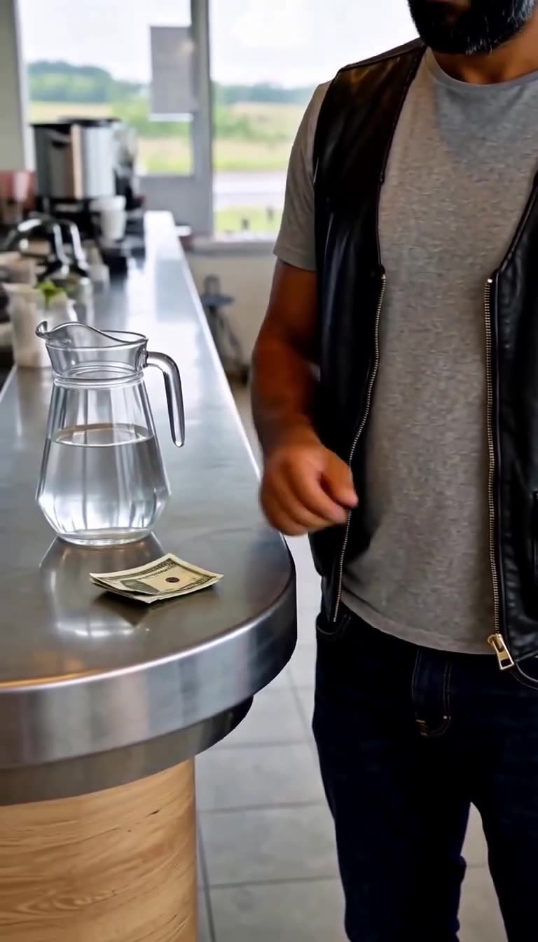 Franck places a folded cash note onto the counter beside a glass pitcher.