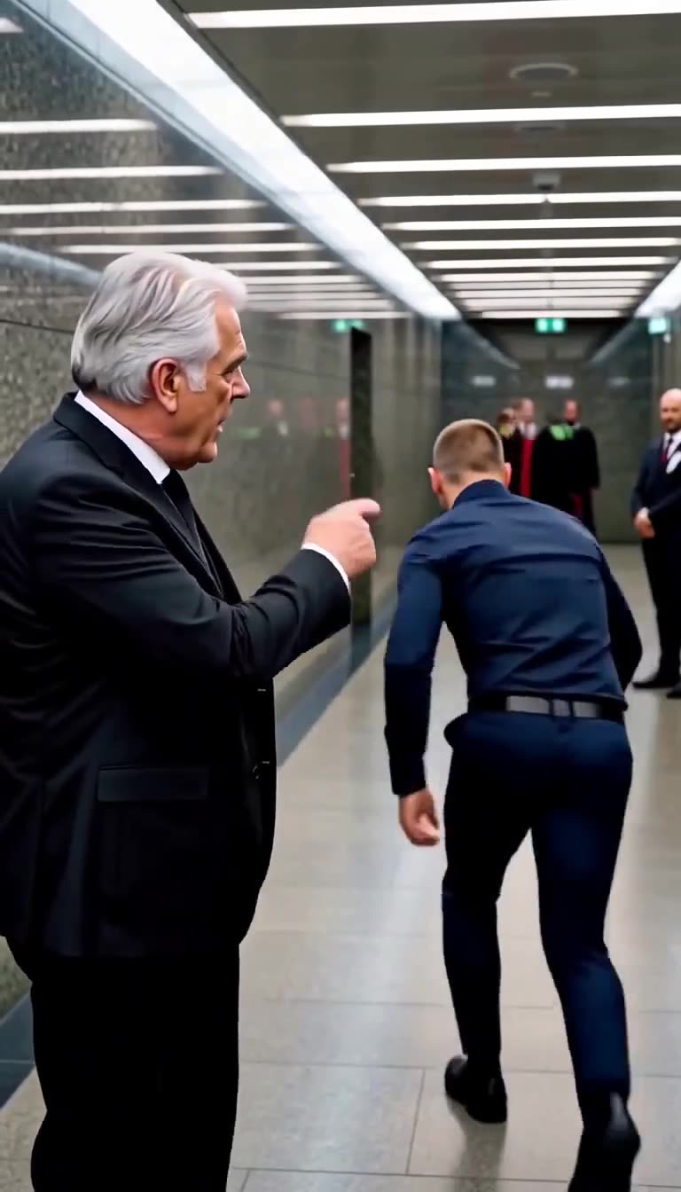 Fischer weist Weber mit strenger Geste zurecht, während dieser beschämt den Gerichtsflur verlässt.