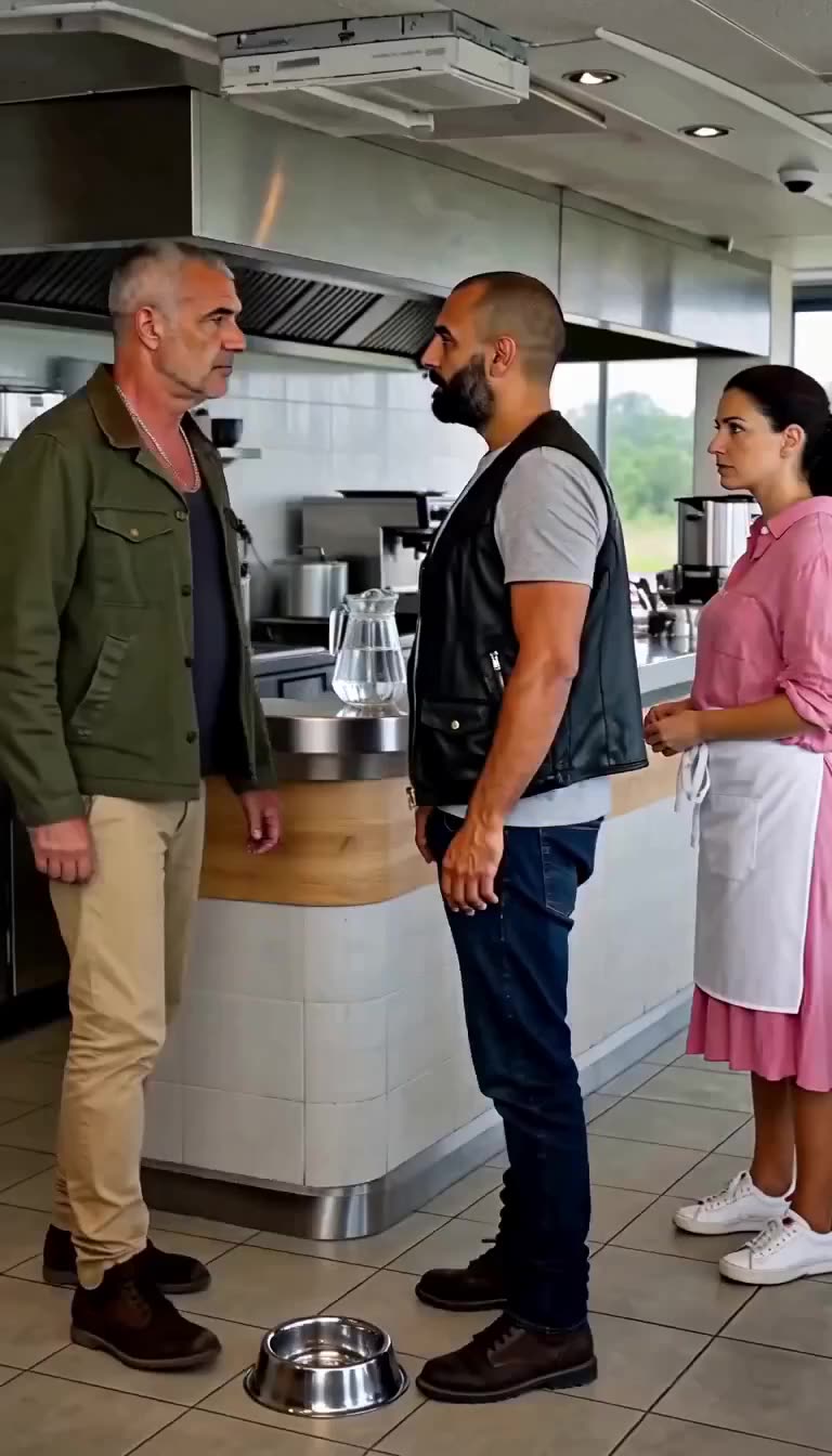 A veteran in an army jacket faces down an aggressive man in front of a worried waitress