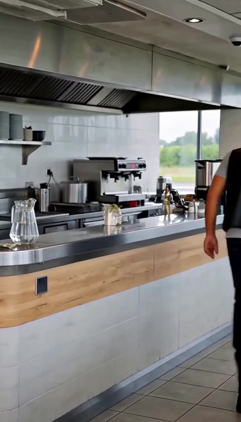 The biker walks away defeated past the empty restaurant counter