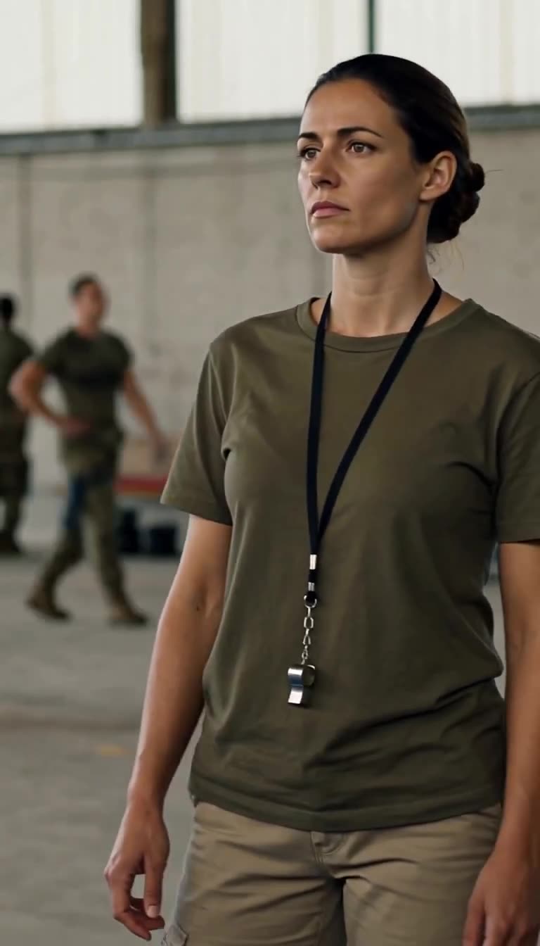 A close-up of instructor Camille wearing a whistle lanyard, watching steadily with composed intensity.