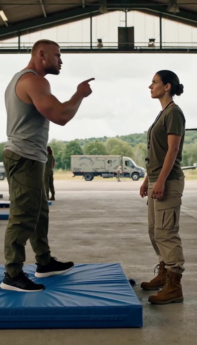 Bastien stands aggressively on the mat pointing a finger at Camille, who remains firm and unimpressed.