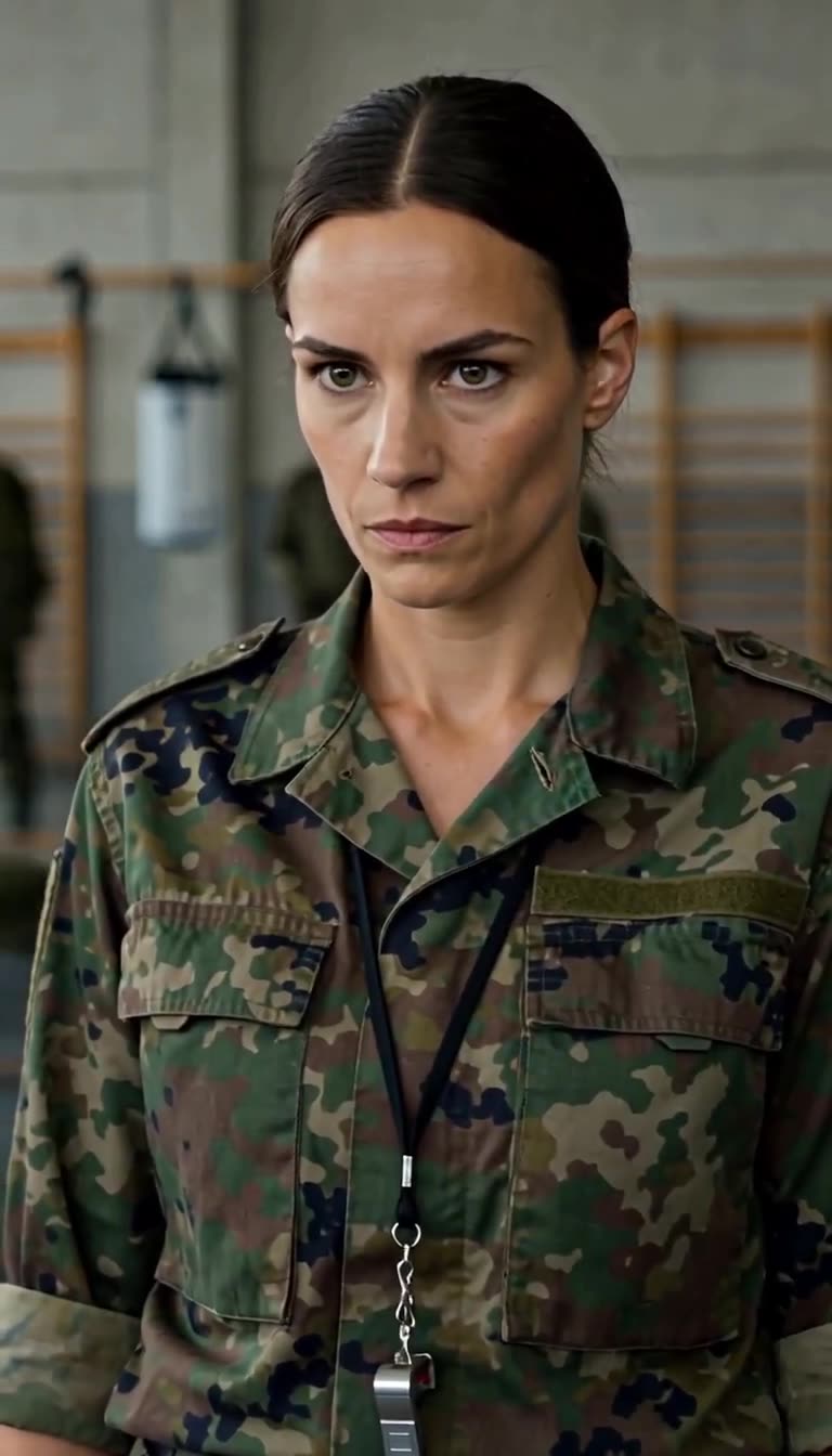 Nahaufnahme von Elenas fokussiertem und unnachgiebigem Blick in Flecktarn-Uniform.