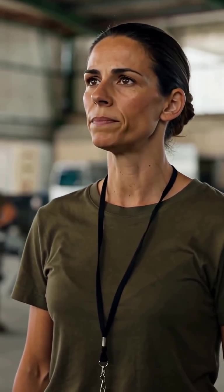 Instructor Camille observes with composed authority in the military base
