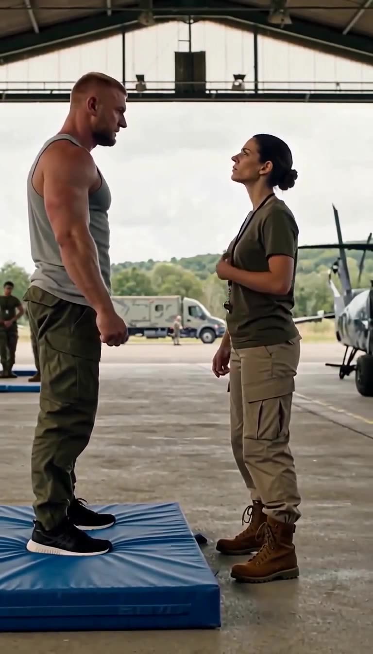Tense standoff on the blue training mat between towering Corporal Vance and Lieutenant Moreau.