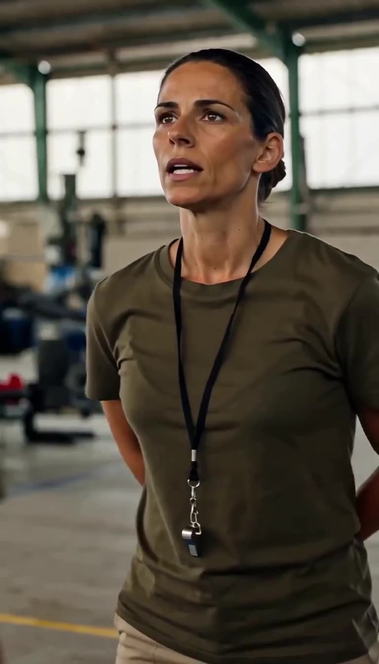 Lieutenant Moreau speaking with absolute martial command with her hands behind her back.