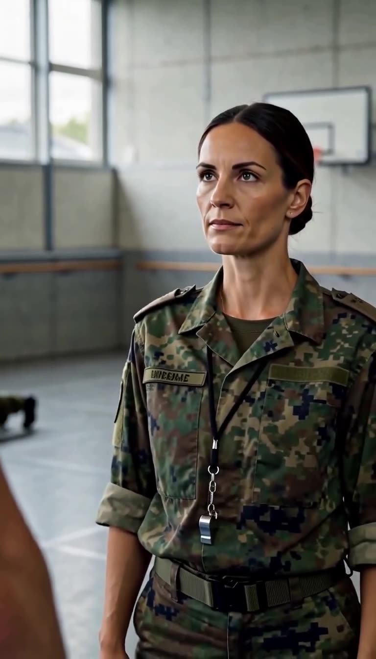 Nahaufnahme von Elena im Flecktarn, die mit kühlem Blick die Kontrolle über die Konfrontation behält.