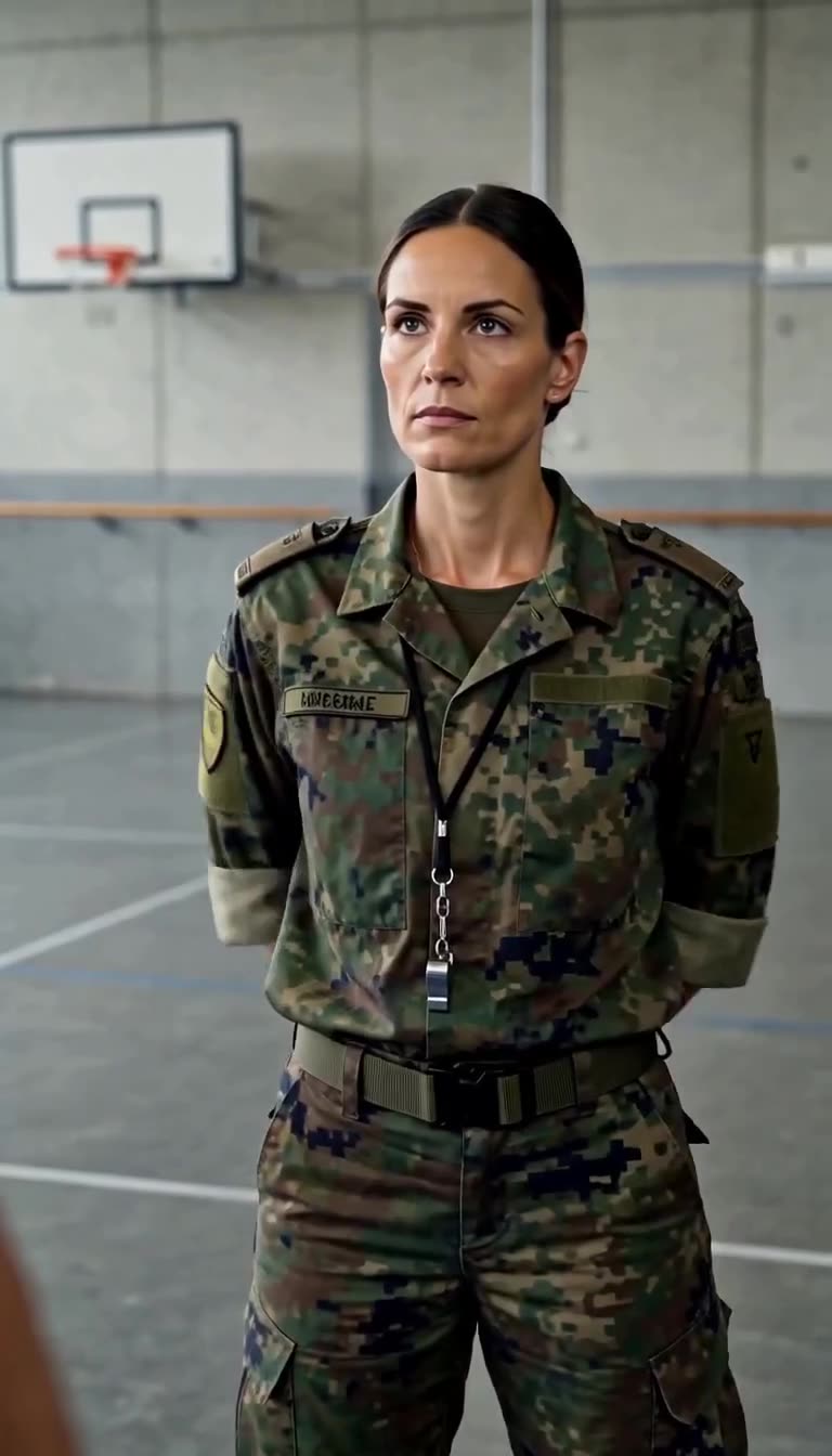 Elena steht mit hinter dem Rücken verschränkten Händen souverän in der militärischen Trainingshalle.