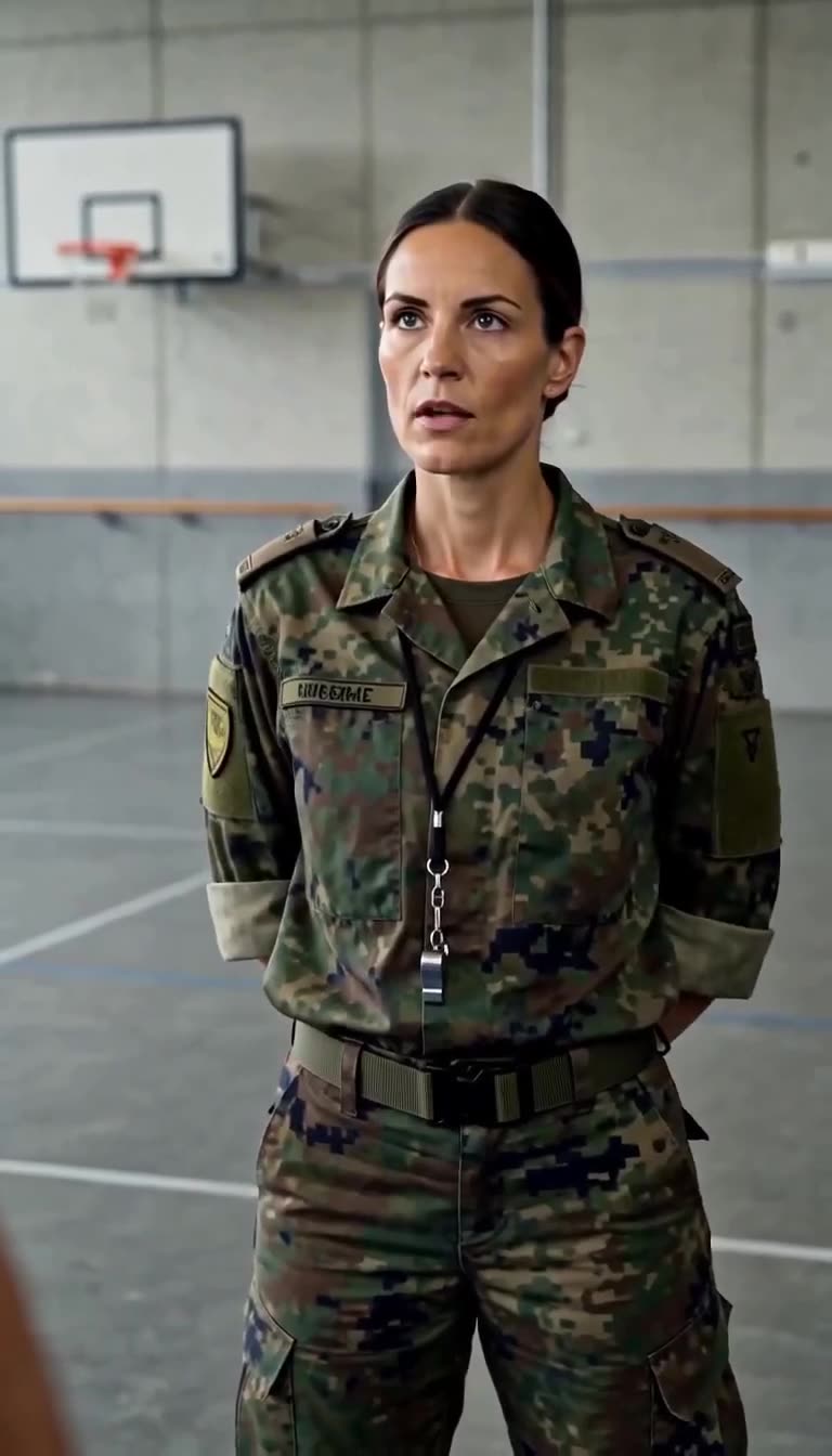 Mit unerschütterlicher Haltung richtet die Offizierin das Wort an die angetretene Einheit.