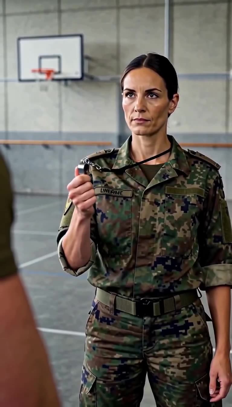 Elena hält Tobias mit ruhiger Hand die silberne Trillerpfeife auf Brusthöhe entgegen.