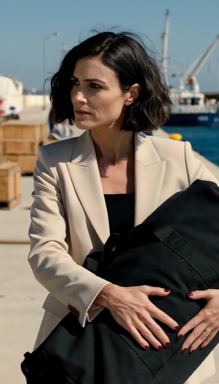 Clothilde grips the mysterious duffel bag tightly while scanning the open dock.
