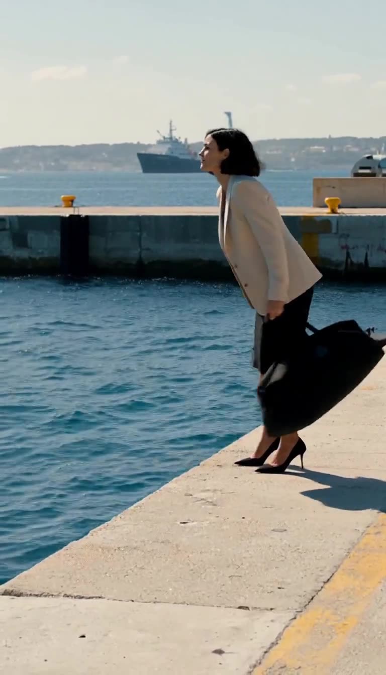Clothilde stands at the edge of the concrete pier, swinging the duffel bag into the sea.