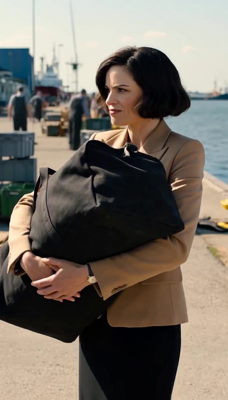 Beate klammert sich mit spöttischem Blick an die schwere schwarze Tasche.