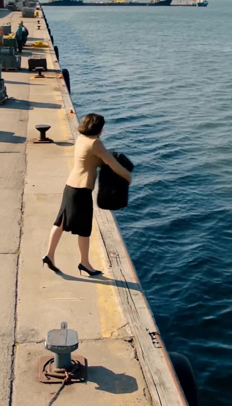 Beate wirft die brisante Tasche schwungvoll über die Kaimauer ins Hafenbecken.