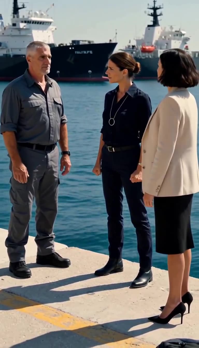 Philippe arriving in grey fatigues as Marion and Clothilde face off by the water