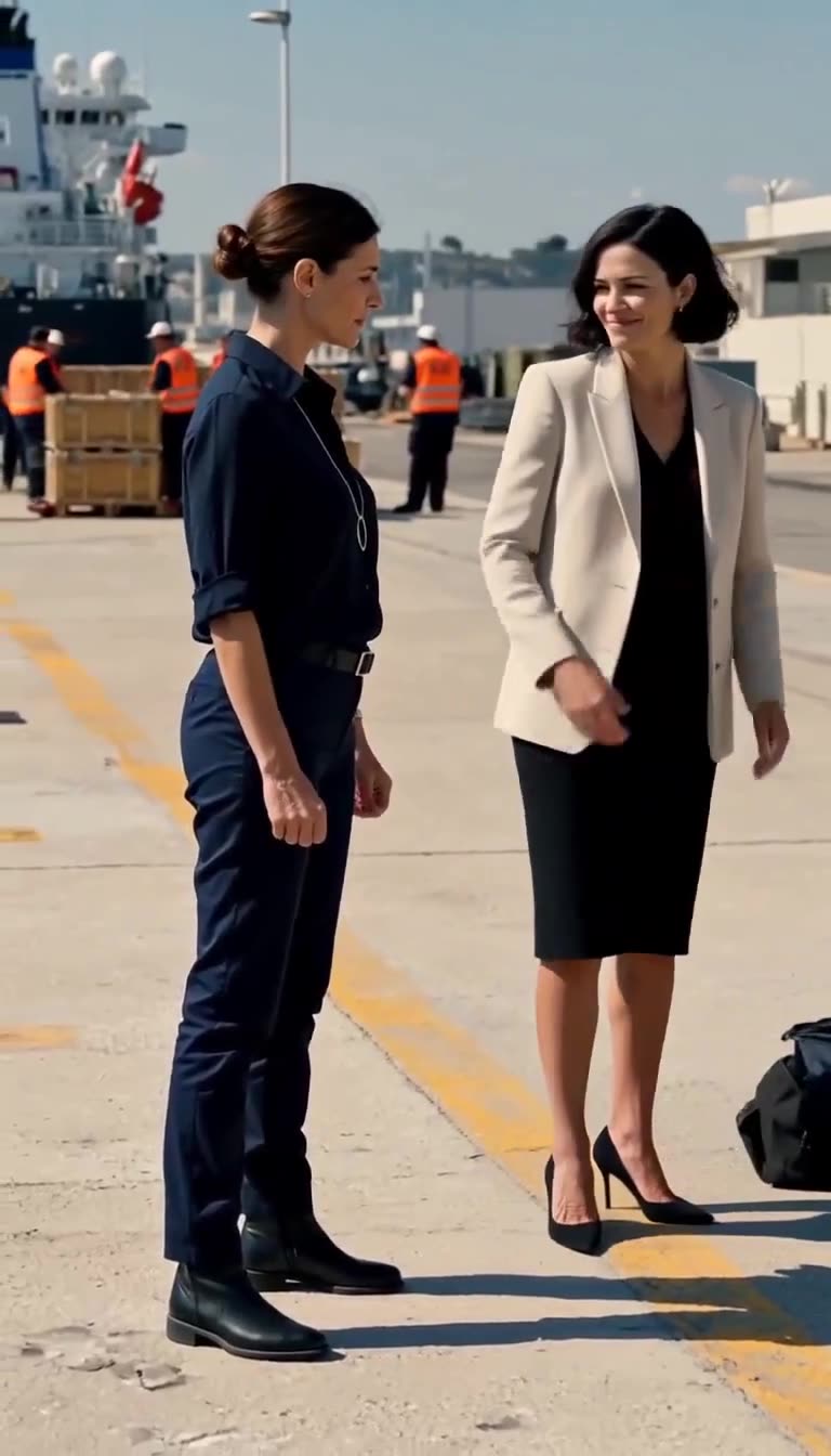 Delphine confronts Mathilde near the waterside while Mathilde's bag sits on the pavement.