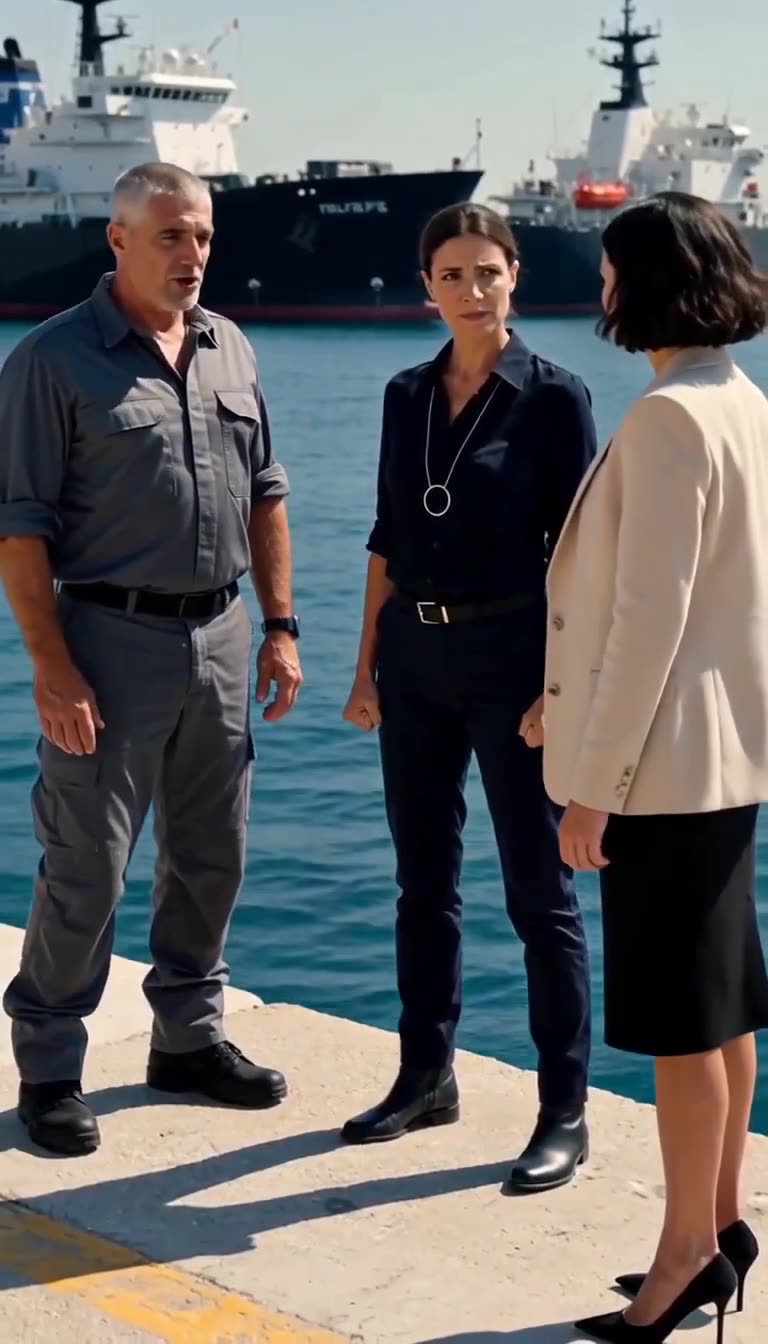A senior naval officer reports to Mathilde as a stunned Delphine looks on.