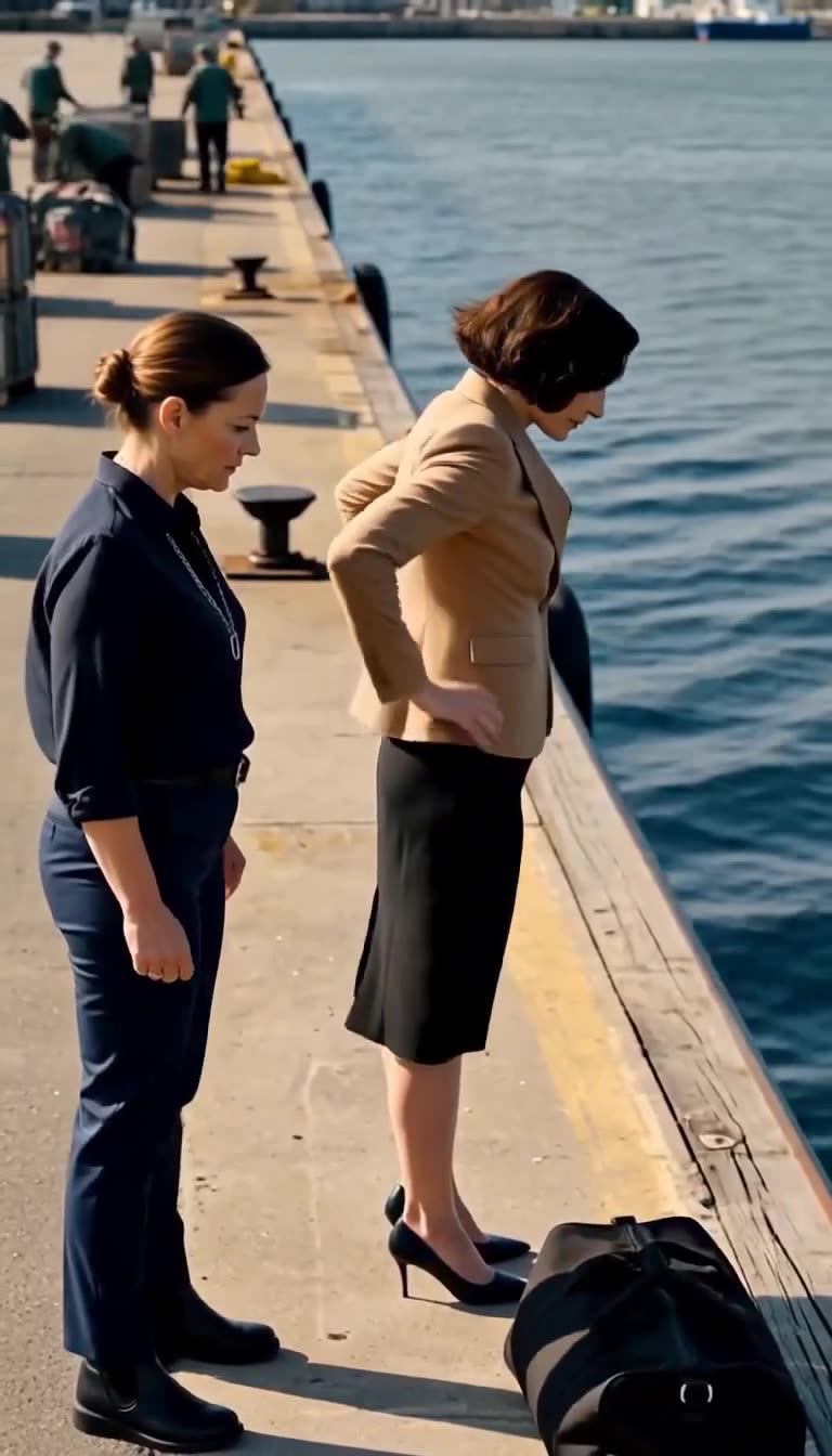 Beide Frauen blicken an der Pierkante auf die Tasche unmittelbar vor dem folgenschweren Wurf.