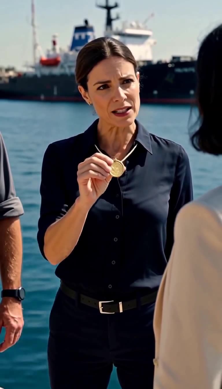 Marion holds up a gold naval medallion on a chain to confront Clothilde.