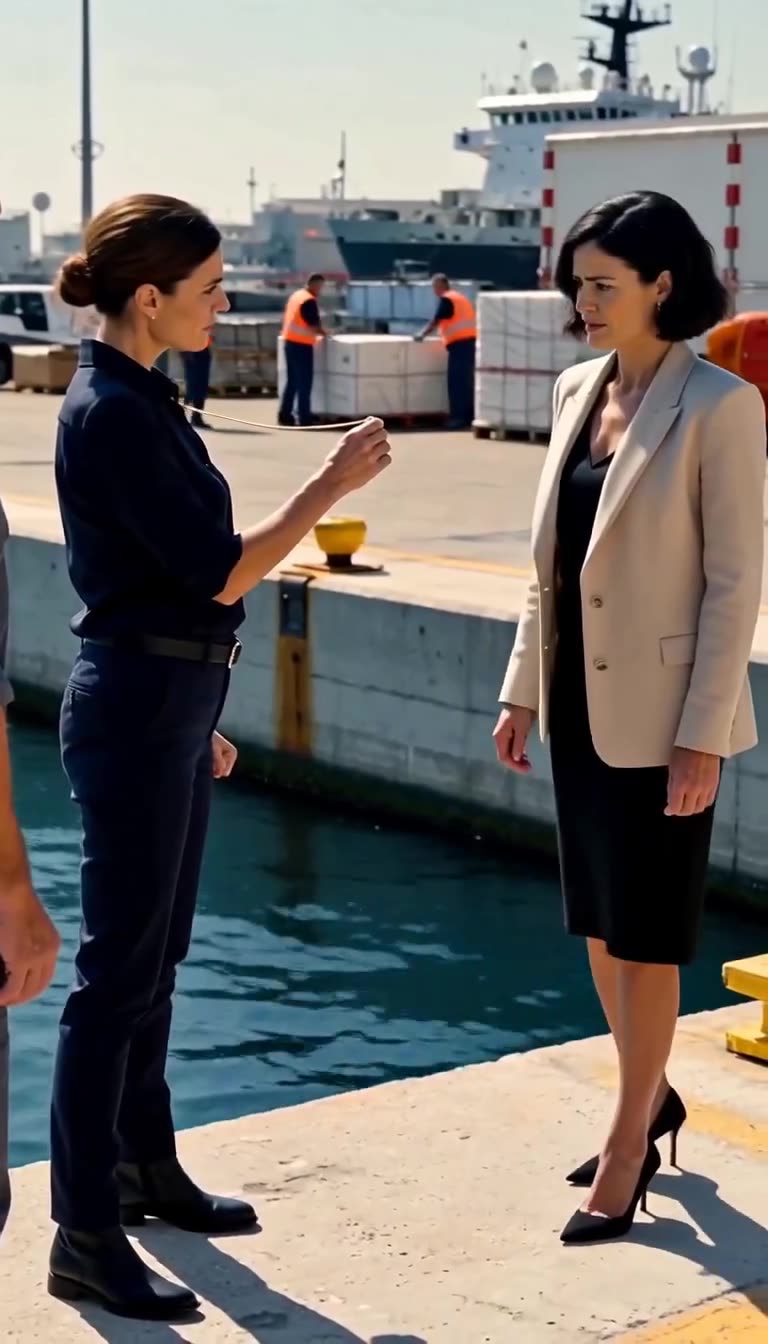 Marion displays the military seal toward a trembling and stunned Clothilde.