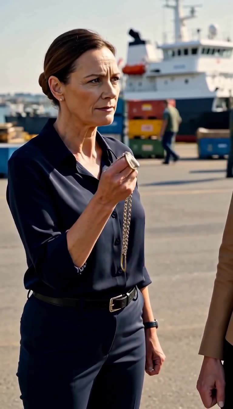 Marlene hebt die Stahlkette mit dem Siegelring empor und fixiert ihr Gegenüber mit strengem Blick.