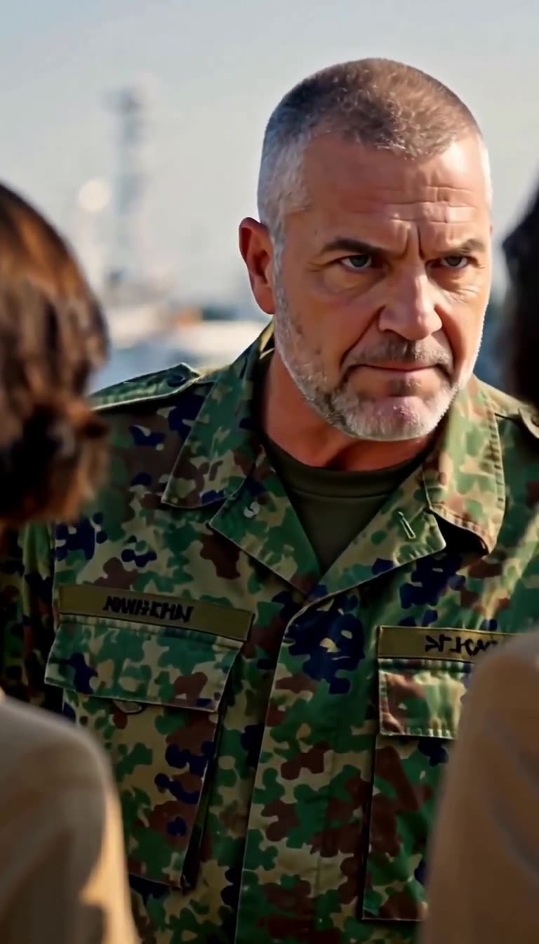 Torsten mustert sein Gegenüber mit grimmigem Blick in Flecktarnuniform.