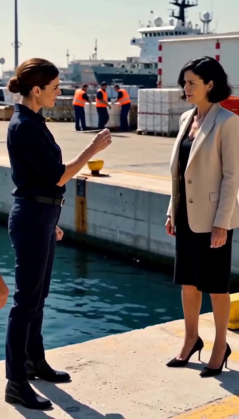 Delphine confronting Camille on the pier with industrial ships in the background