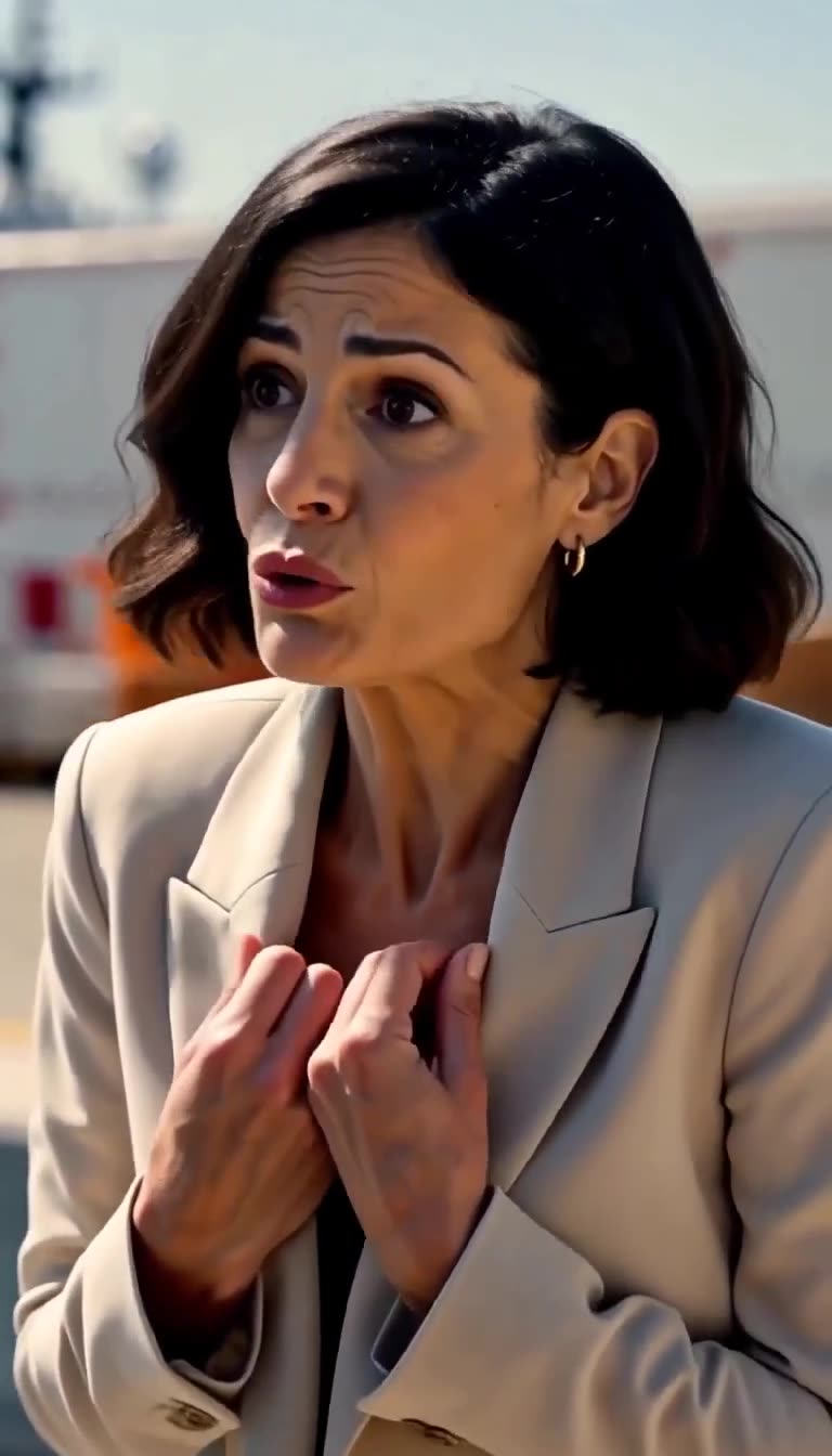 Delphine reacting in shock and clutching her lapels as the naval base locks down