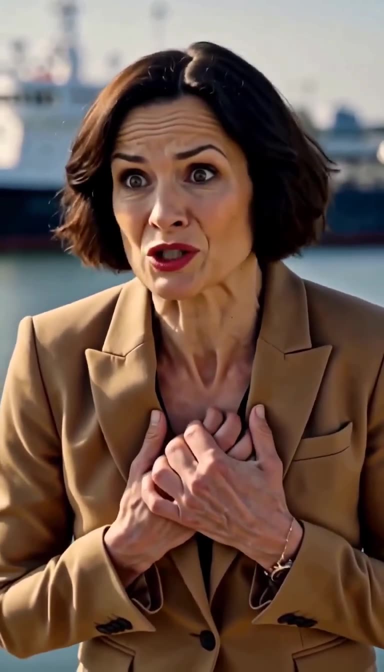 Vanessa blickt mit weit aufgerissenen Augen und den Händen an der Brust voller Entsetzen drein.