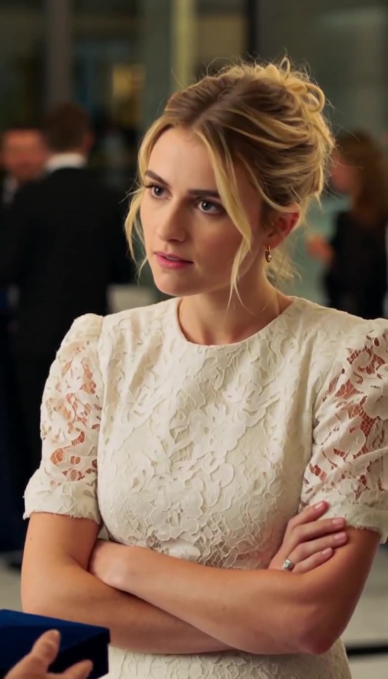 Chloé crosses her arms and glares with cold disdain during the ballroom reception.