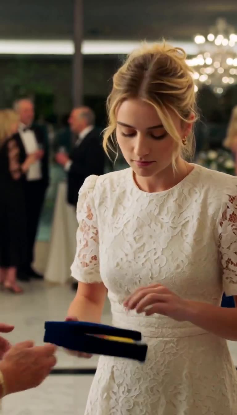 Chloé looks down contemptuously as she takes the velvet box from Monique's hands.