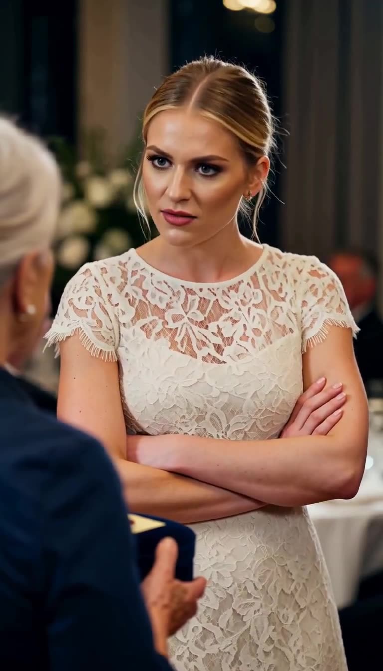 Vanessa blickt mit verschränkten Armen voller Verachtung auf das Hochzeitsgeschenk