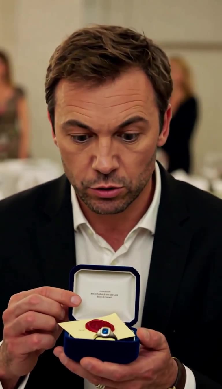 Julien gasps in disbelief as he opens the velvet box to reveal a silver signet ring and a red wax seal.