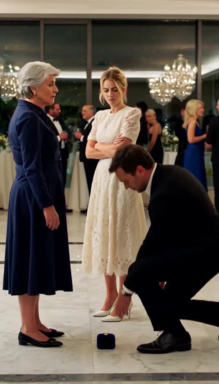 Julien kneeling on the marble floor to pick up the dropped jewelry box