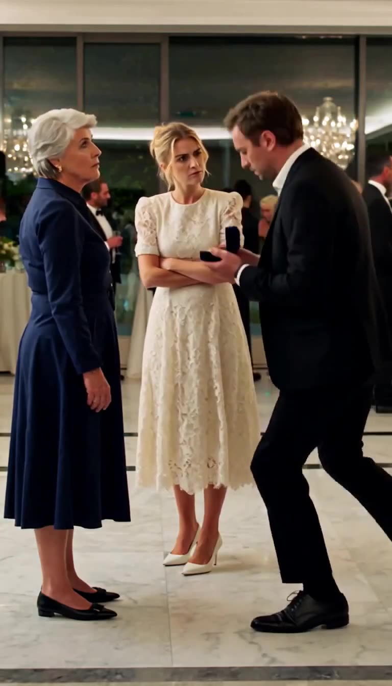 Julien examining the opened box in front of his mother and stunned bride