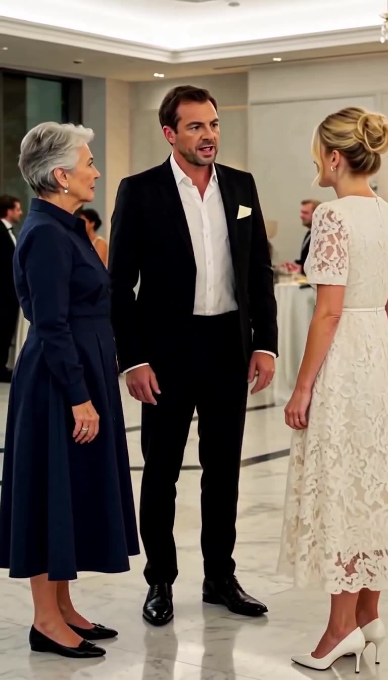 Julien confronting Chloé in the Parisian ballroom with Monique standing beside them