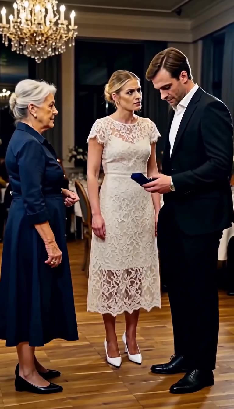 Vanessa konfrontiert Lukas im Ballsaal, während Ingrid das Geschehen aufmerksam beobachtet.