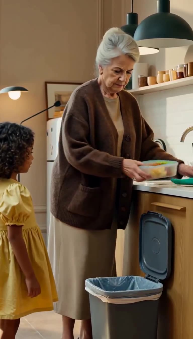 The older woman takes the lunchbox and opens it directly over an open trash bin.