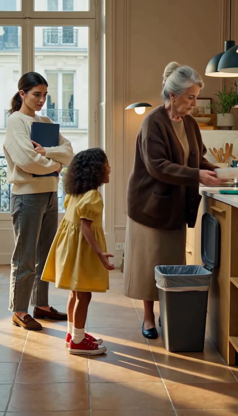 The woman hovers the opened container over the wastebasket while the young girl watches in distress.