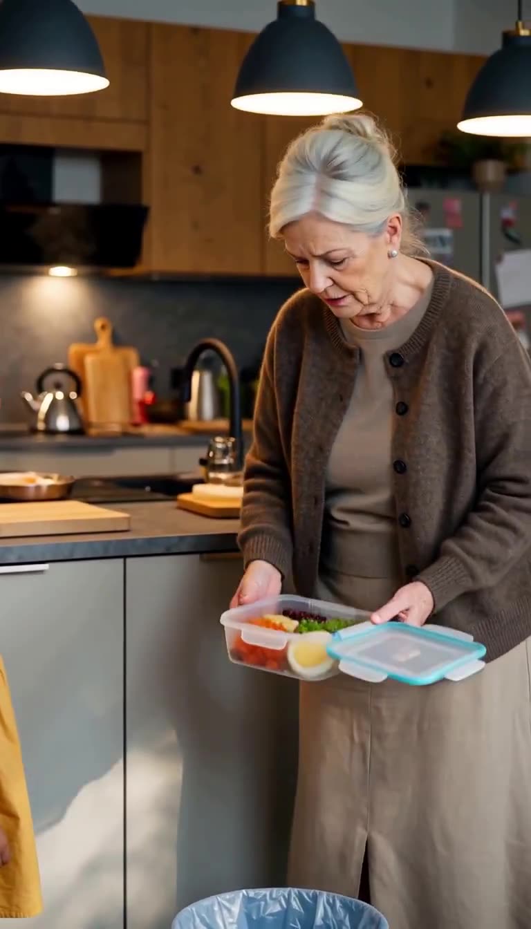Renate öffnet die Brotdose mit strengem Blick direkt über dem geöffneten Mülleimer in der Küche.