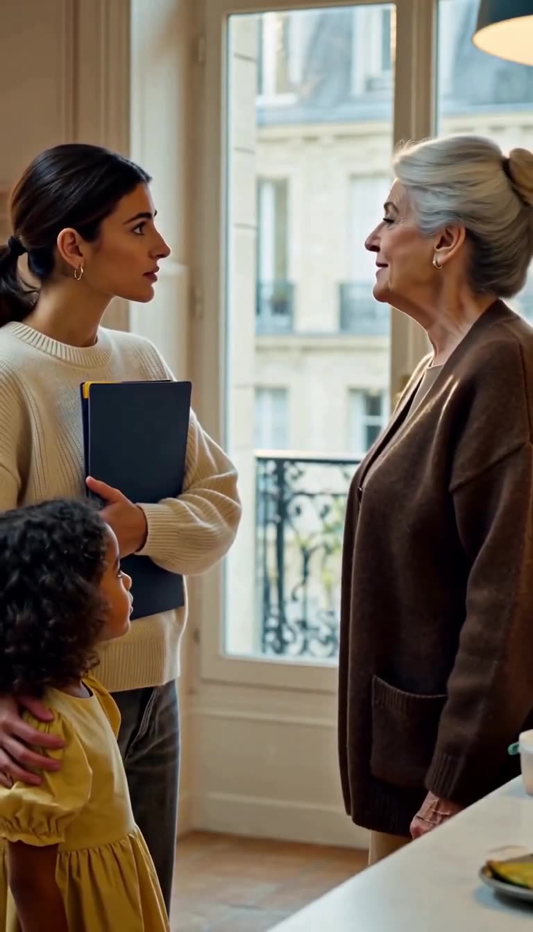 Élodie and Monique lock eyes in a tense face-to-face confrontation over Léa's lunch.