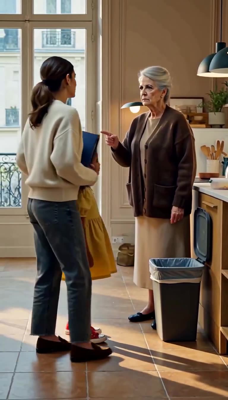 Monique points an accusatory finger at Élodie, demanding that she leave the townhouse.
