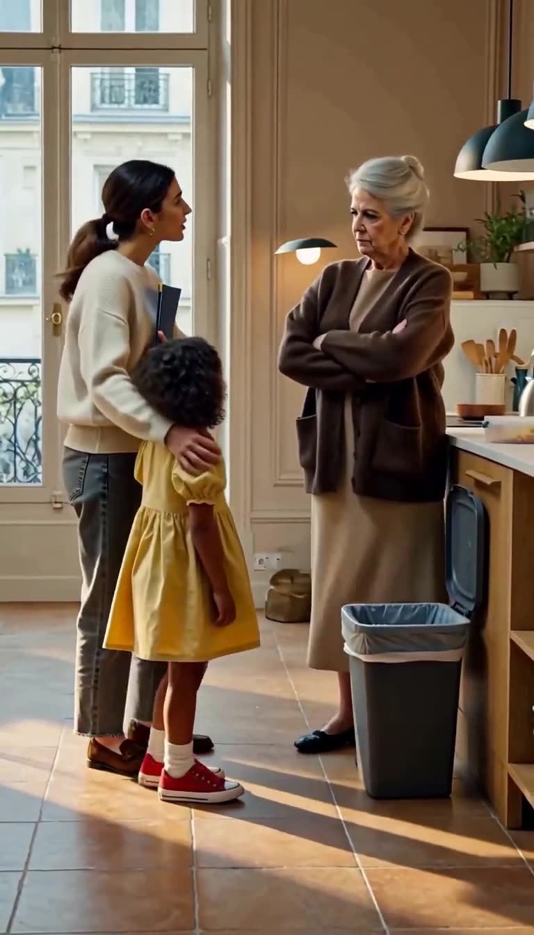 Chloe's mother confronts the stern grandmother while protecting her distraught young daughter.