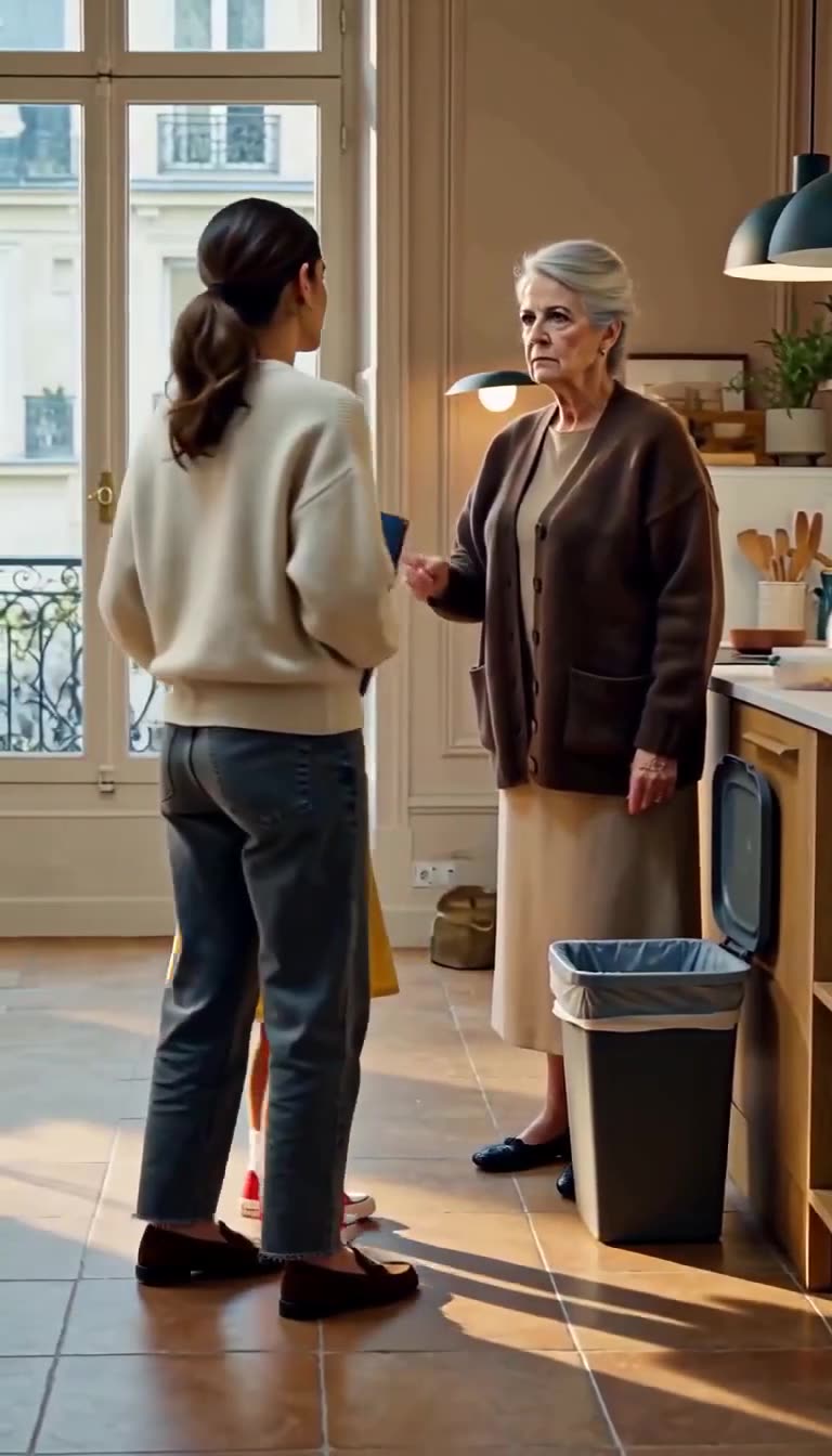 The mother firmly stands her ground against the grandmother's defensive accusations in the sunlit kitchen.