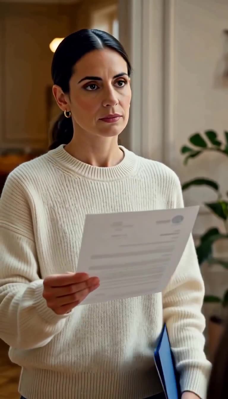 Élodie inspects the legal property deed pulled from her navy folder